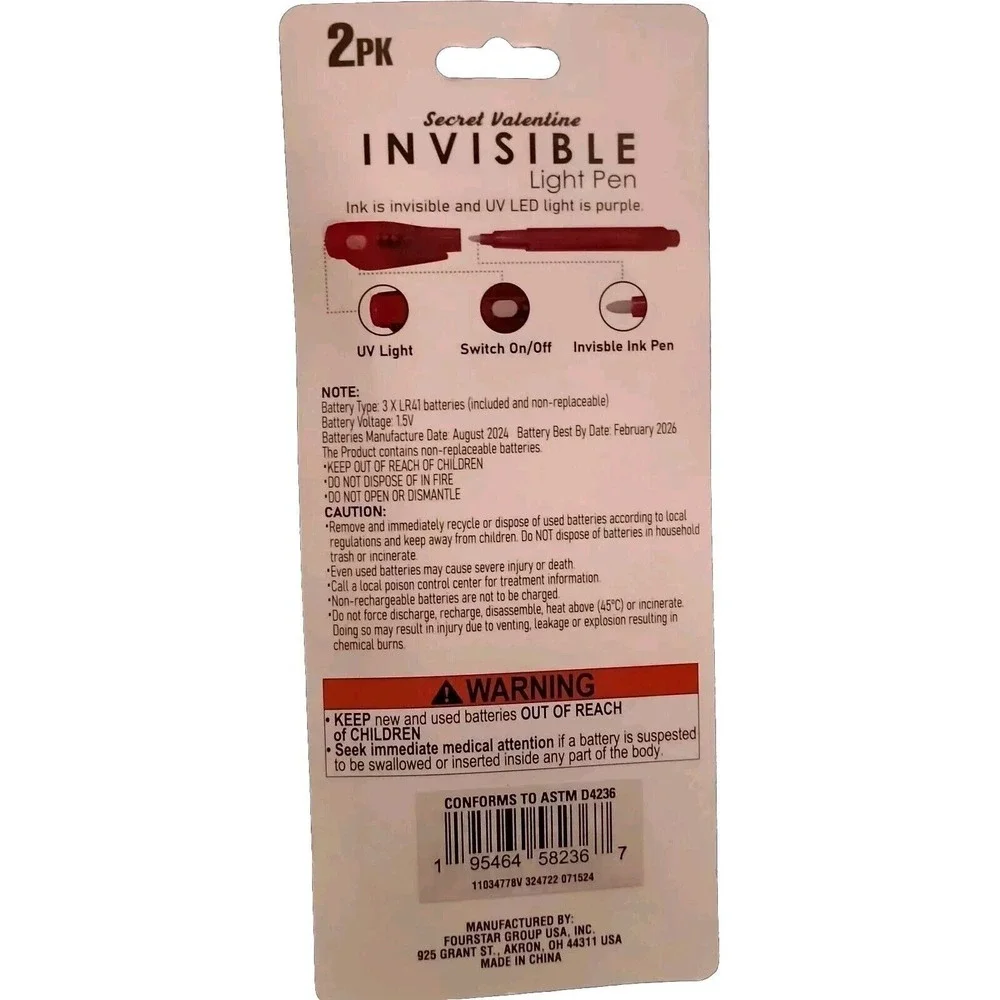 Valentine INVISIBLE UV Light Pen secret writes secret messages 2 Pack Hearts NEW